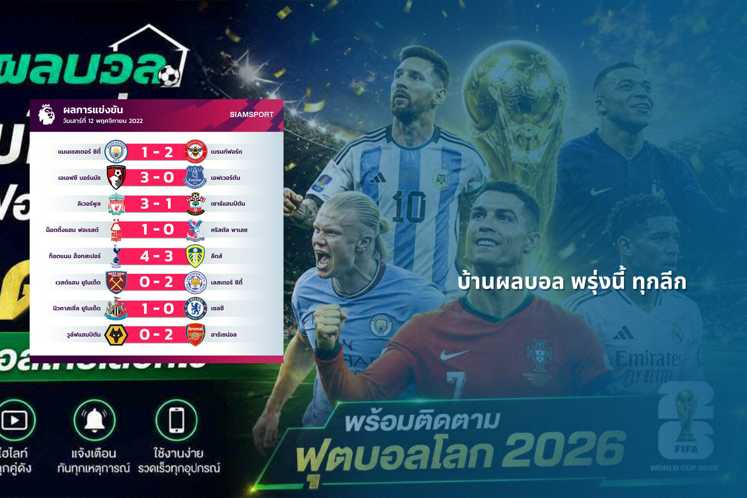 บ้านผลบอล พรุ่งนี้ ทุกลีก - football results