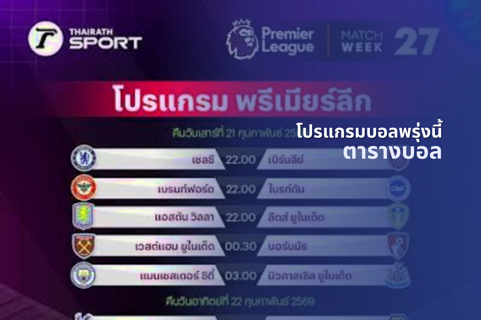 โปรแกรมบอลพรุ่งนี้ - sports schedule
