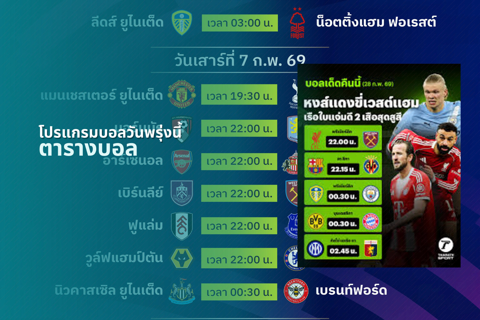 โปรแกรมบอลวันพรุ่งนี้ ตารางบอล